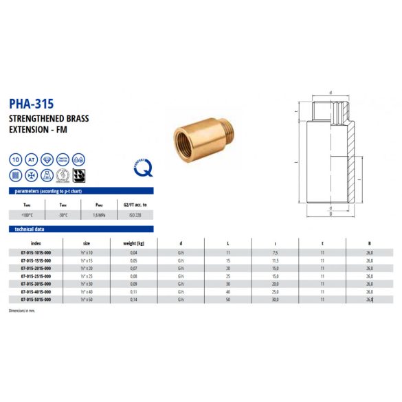 ERŐSÍTETT CSAPHOSSZABBITÓ 1/2"-20MM RÉZ (1/10/400)