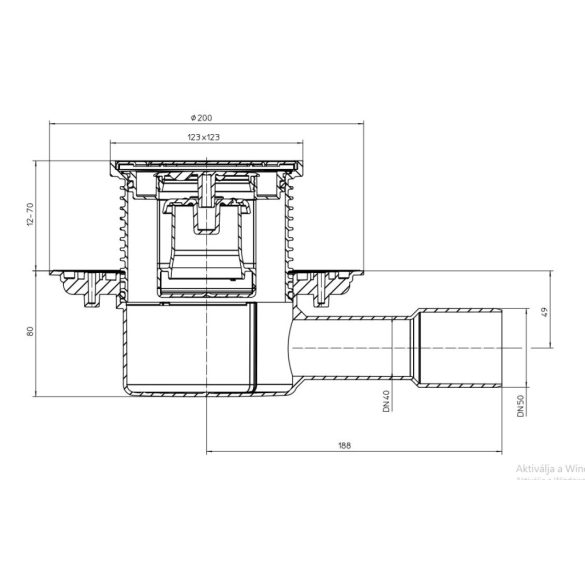 HL 510PRBLUE padlólefolyó DN40/50 vízszintes kimenettel, szigetelő karimával, "Primus blue" bűzzárral,115x115mm INOX rács
