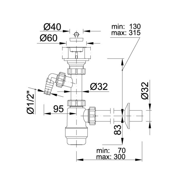 Mosdószifon, leeresztőszeleppel, mosógép csatlakozóva, 32 mm-es elfolyással