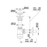 Mosdószifon 5/4"-os oldható leeresztőszeleppel, Ø32 mm-es elfolyással