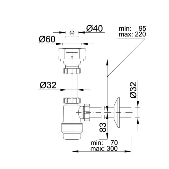Mosdószifon 5/4"-os oldható leeresztőszeleppel, Ø32 mm-es elfolyással