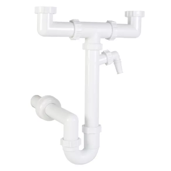 KÉTMEDENCÉS CSŐSZIFON LEERESZTŐ NÉLKÜL, MOSÓGÉP CSATLAKOZÓVAL 40MM (STY-639-3)