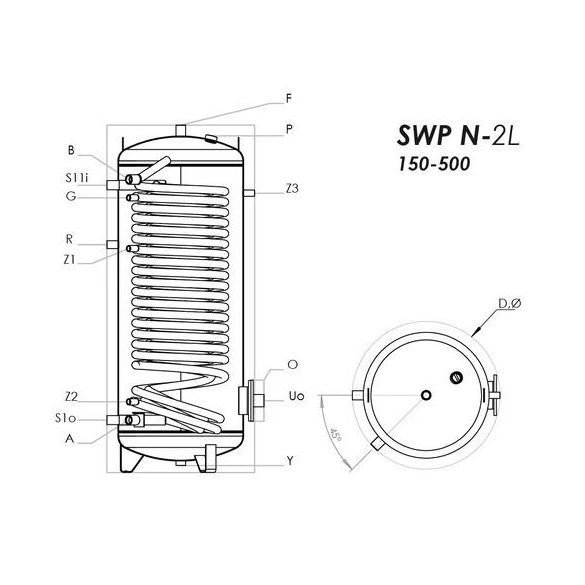 SUNSYSTEM SWP N 2L 300 indirekt HMV tartály hőszivattyúhoz (279 liter) - 1 extra mértű hőcserélővel (4,46m2)